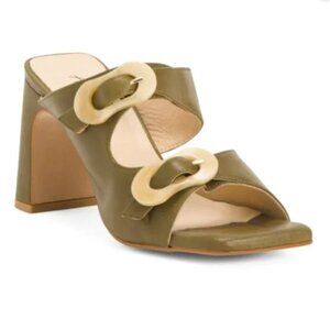 ANA PALMA MadeinSpain Green Khaki Leather Heeled DualBand Slide Sandals 7.5-8/38